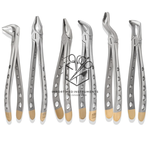 Set of 6 Dental Extraction Forceps Diamond Coated Sand Blast gray with Gold Plated
